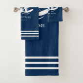 Nautical Boat Name Navy Blue Ship Wheel Badhandtuch Set (Insitu)