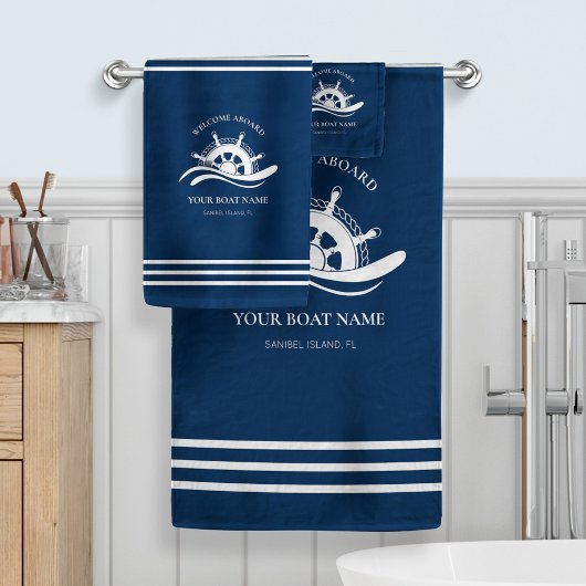 Nautical Boat Name Navy Blue Ship Wheel Badhandtuch Set