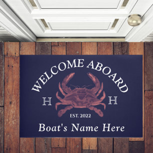Nautical Boat Name Red Crab Welcome Navy Blue Fußmatte