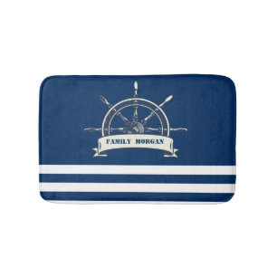 Nautical Boat Wheel, Navy Blue Streifen Badematte