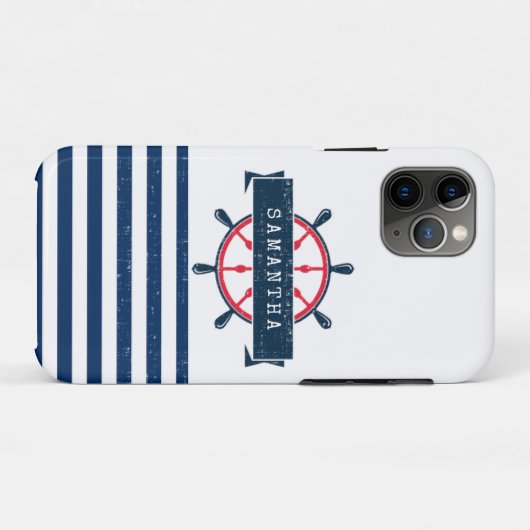 Nautical Boat Wheel, Navy Blue Streifen Case-Mate iPhone Hülle (Rückseite (Horizontal))