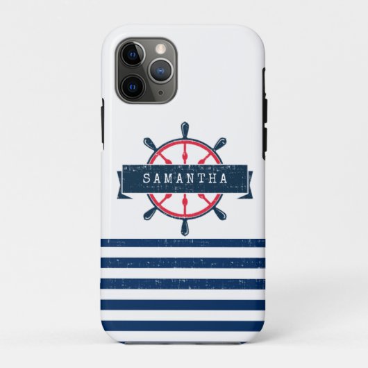 Nautical Boat Wheel, Navy Blue Streifen Case-Mate iPhone Hülle (Rückseite)