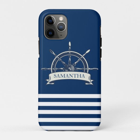 Nautical Boat Wheel, Navy Blue Streifen Case-Mate iPhone Hülle (Rückseite)