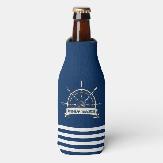 Nautical Boat Wheel, Navy Blue Streifen Flaschenkühler (Flaschenvorderseite)