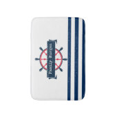 Nautical Boat Wheel, Navy Blue Striping Badematte (Vorderseite Vertikal)