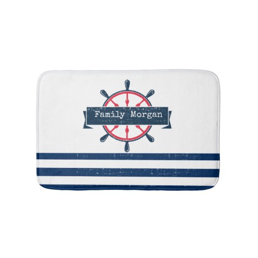 Nautical Boat Wheel, Navy Blue Striping Badematte (Vorderseite)