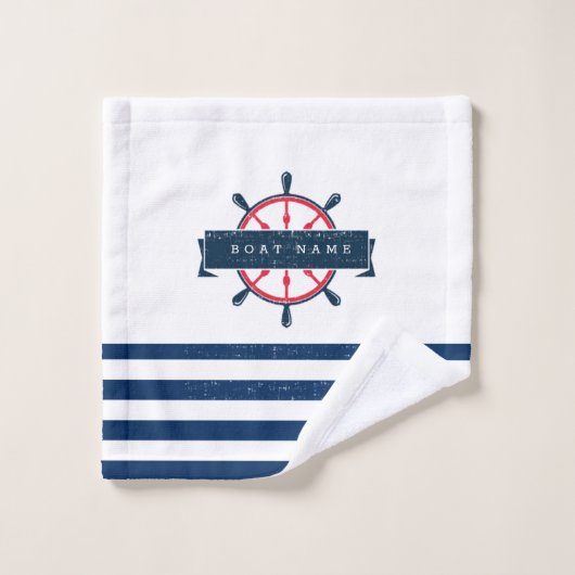Nautical Boat Wheel, Navy Blue Striping Badhandtuch Set (Waschlappen)