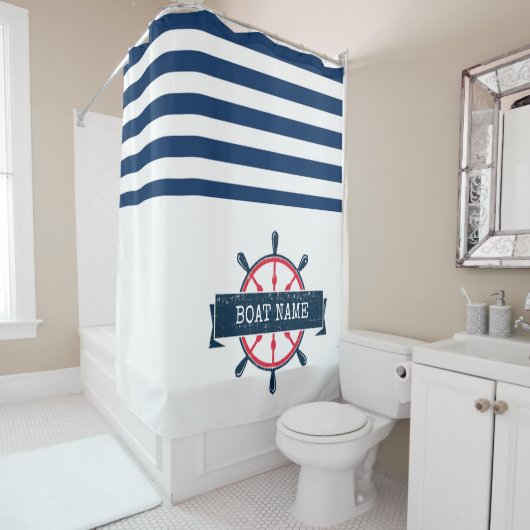 Nautical Boat Wheel, Navy Blue Striping Duschvorhang (Beispiel)