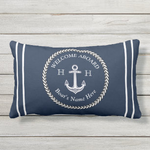 Nautical Bootname Anchor Rope Navy Blue Willkommen Kissen Für Draußen
