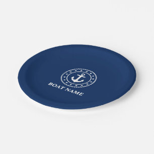 Nautical Bootname Anchor Rope Stars Navy Blue Pappteller