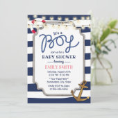 Nautical Boy Baby Dusche Gold Anker Navy Streifen Einladung (Stehend Vorderseite)