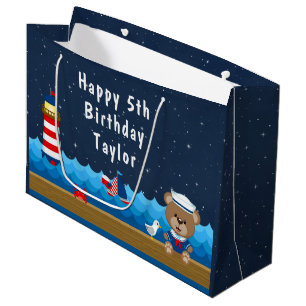 Nautical Boy Bear Rot und Marine glücklich Geburts Große Geschenktüte