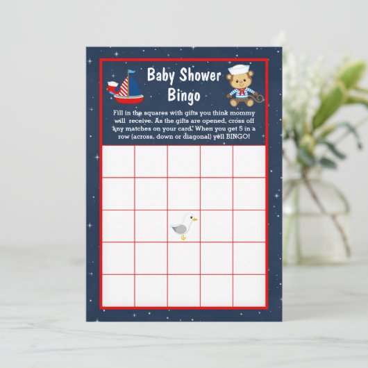 Nautical Boy Monkey Red and Navy Baby Bingo Einladung (Stehend Vorderseite)