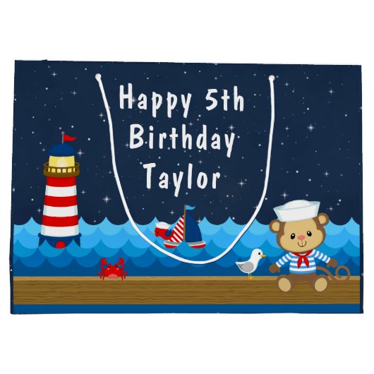 Nautical Boy Monkey Red and Navy Happy Birthday Große Geschenktüte (Rückseite)