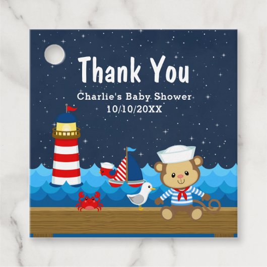 Nautical Boy Monkey Red Baby Dusche Vielen Dank Geschenkanhänger (Vorderseite)