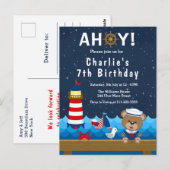 Nautical Boys Bear Red and Navy Birthday Party Postkarte (Vorne/Hinten)