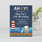 Nautical Boys Monkey Red and Navy Birthday Party Einladung (Stehend Vorderseite)