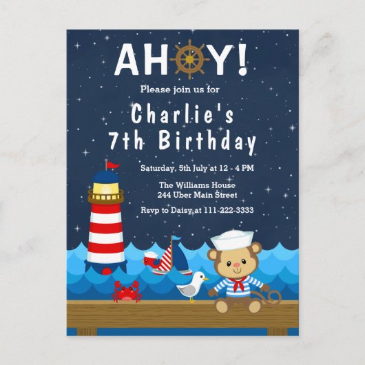Nautical Boys Monkey Red and Navy Birthday Party Postkarte (Vorderseite)