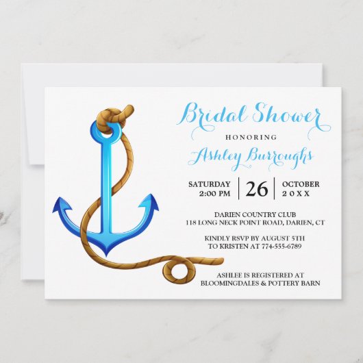Nautical Brautparty Ship Anchor Blauer Türkis Einladung (Vorderseite)