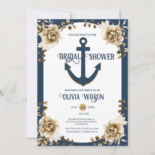 Nautical Bridal Shower Anchor Blue Gold Floral  Einladung (Vorderseite)