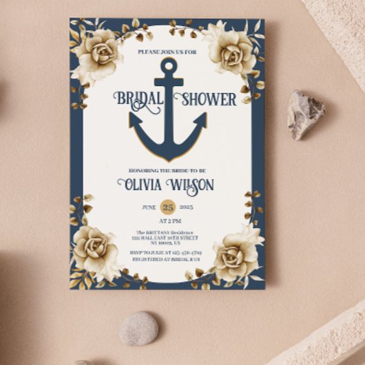 Nautical Bridal Shower Anchor Blue Gold Floral Einladung