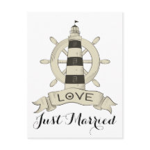 Nautical Brown Just Married Lighthouse Ship Wheel