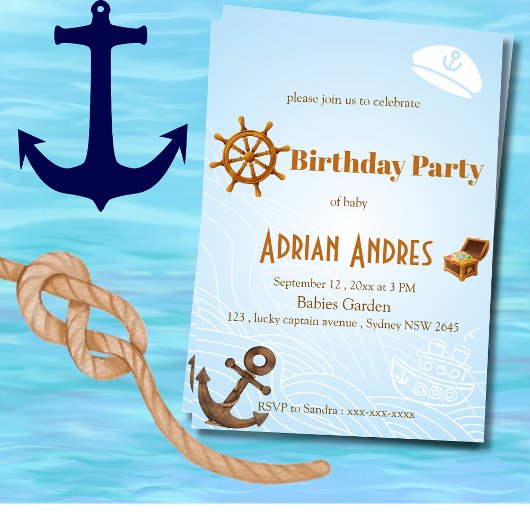 Nautical Captain Baby Boy First Birthday Invitatio Einladung