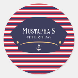 Nautical Captain Birthday Red & Navy Stripes Runder Aufkleber