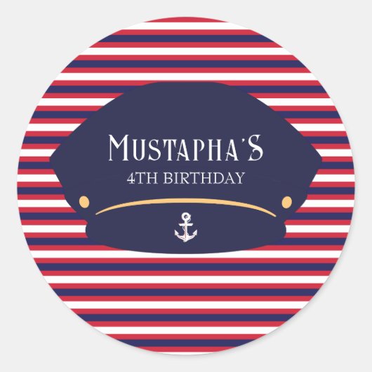 Nautical Captain Birthday Red & Navy Stripes Runder Aufkleber (Vorderseite)