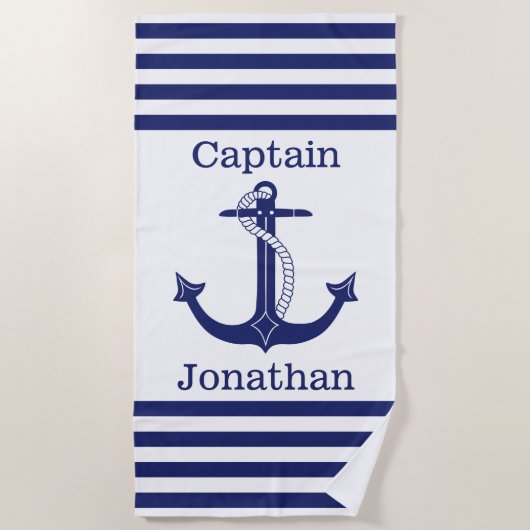 Nautical Captain Blue Anchor Personalisiert Strandtuch (Vorderseite)