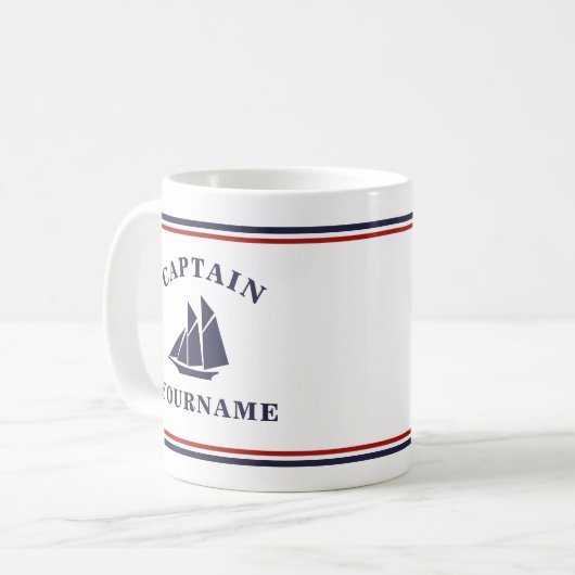 Nautical Captain Sailboat Ihr Name in Block-Tasse Kaffeetasse (Vorderseite Links)