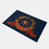 Nautical Captain's Wheel Navy Blue Willkommen Door Fußmatte (Schrägansicht)