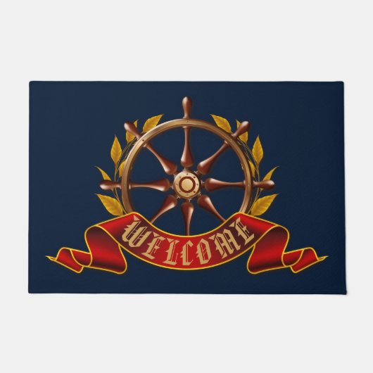 Nautical Captain's Wheel Navy Blue Willkommen Door Fußmatte (Vorderseite)
