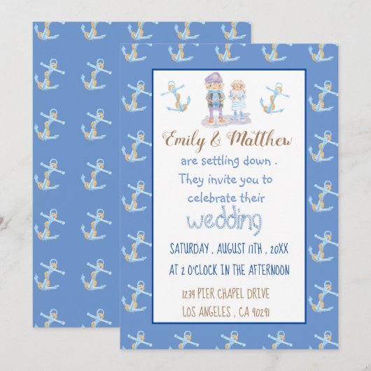 Nautical Cartoon Blue White and Gold Wedding Einladung (Vorne/Hinten)