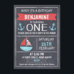 Nautical Chalkboard 1. Geburtstag Einladung<br><div class="desc">Die Einladung zum nautischen Geburtstag dieses Jungen mit einem Segelboot und zwei Ankern auf einem gescannten Chalkboard-Hintergrund. Das Design umfasst auch eine weiße Linie und Trennflächen. Das Foto Ihres kleinen Jungen erscheint auf der rechten Seite der Einladung innerhalb einer Kreidewand. Diese Einladung wird durch den beliebten Chalkboard-Stil und die Schablonenkunst...</div>