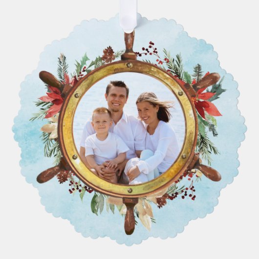 Nautical Christmas Ship Wheel Foto Ornament Karte (Vorderseite)