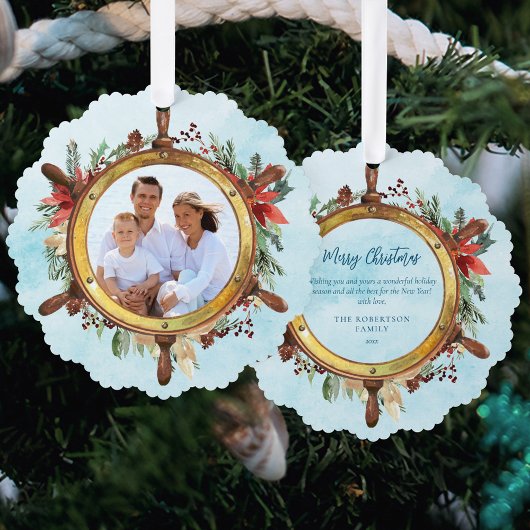 Nautical Christmas Ship Wheel Foto Ornament Karte