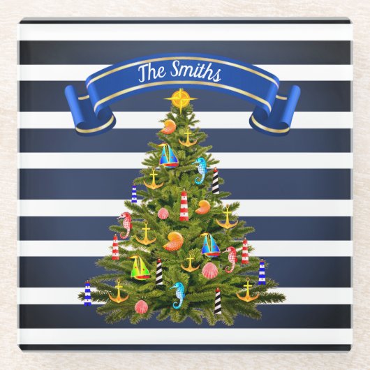 Nautical Christmas Tree Custom Glasuntersetzer (Vorderseite)