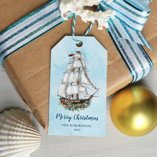 Nautical Christmas Watercolor Segelschiff Geschenkanhänger