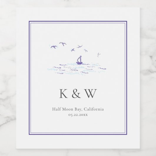Nautical Classic Frame Boat Monogram Navy Wedding Weinetikett (Einzelnes Label)