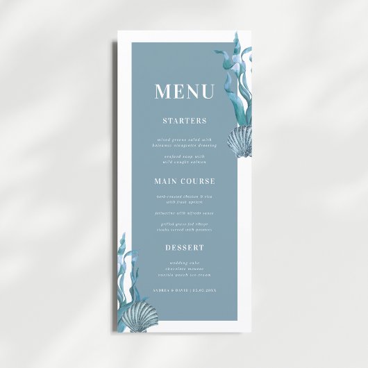 Nautical Coastal Blue Muschel Beach Theme Wedding Menükarte