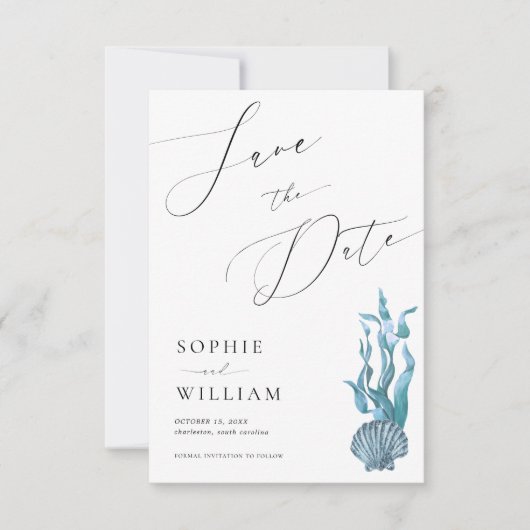 Nautical Coastal Blue Muschel Ocean Beach Hochzeit Save The Date (Vorderseite)