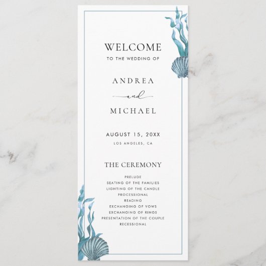 Nautical Coastal Blue Sea Muschel Beach Hochzeit Programm (Vorderseite)