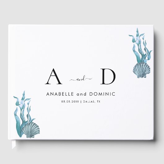 Nautical Coastal Blue Seashell Wedding Monogram Gästebuch (Vorderseite)
