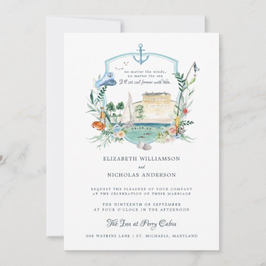 Nautical Coastal Fishing Seaside | Wedding Crest Einladung (Vorderseite)