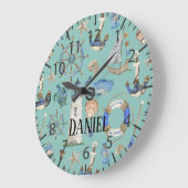 Nautical Coastal Sea Beach Aquamarin Boy Room Name Große Wanduhr (Winkel)