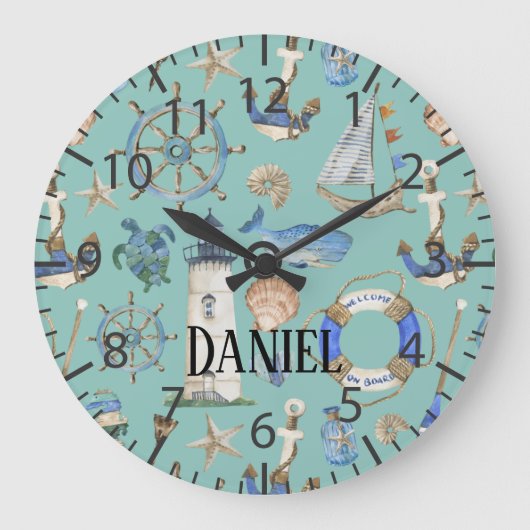 Nautical Coastal Sea Beach Aquamarin Boy Room Name Große Wanduhr (Vorderseite)