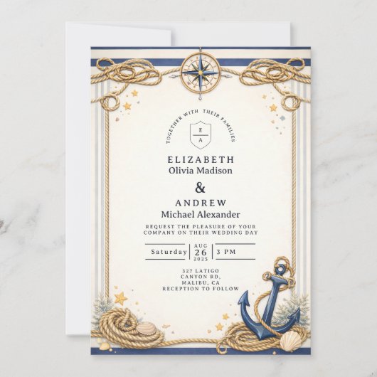 Nautical Compass Anchor Wedding Einladung (Vorderseite)