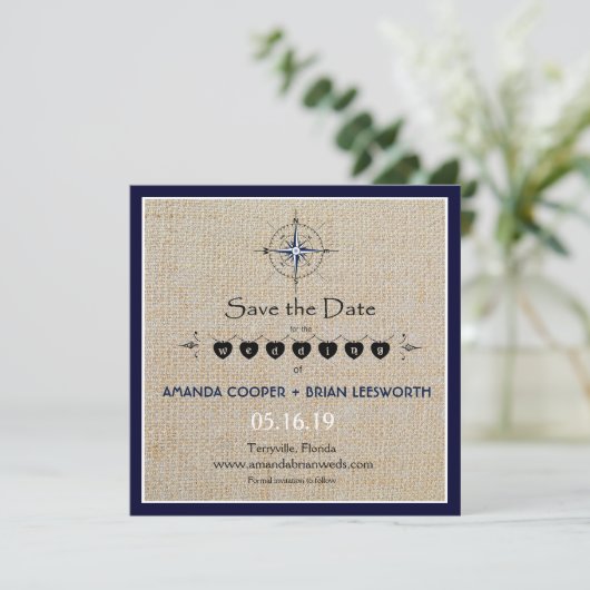 Nautical Compass/Navy Beach Hochzeit Save the Date (Stehend Vorderseite)
