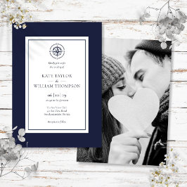 Nautical Compass Navy Blue and White Wedding Foto Einladung
